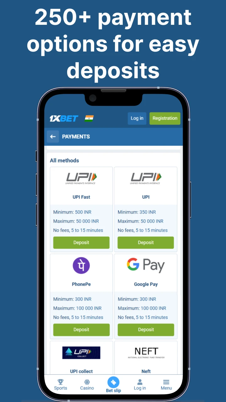 1xbet provides various payment systems.