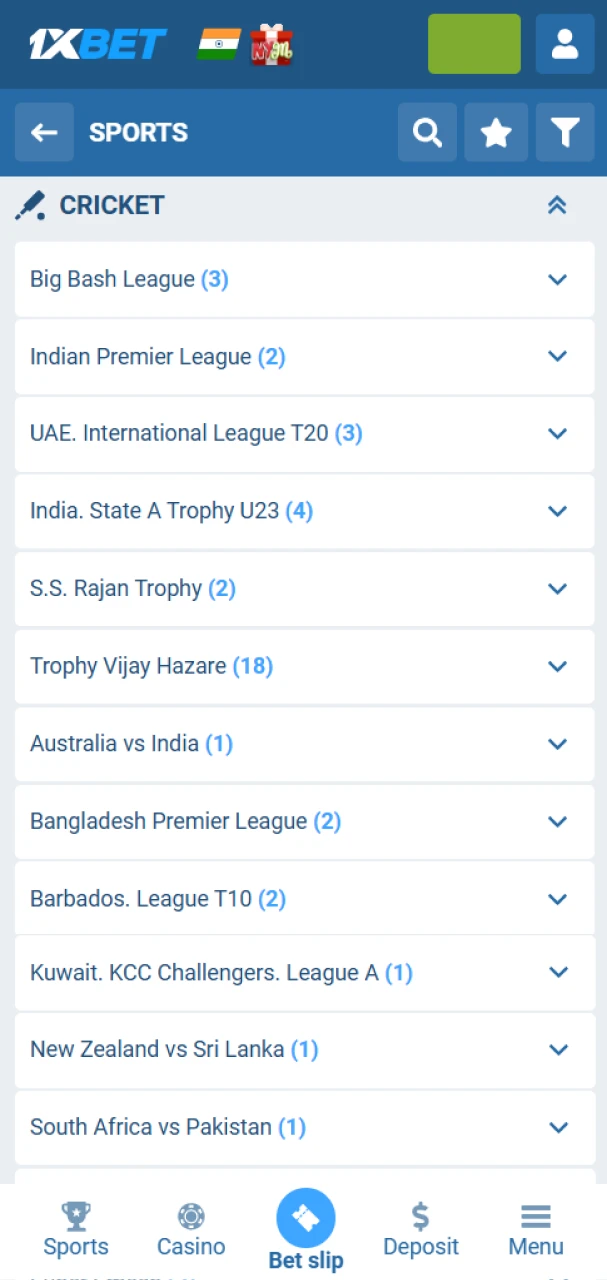 Choose a cricket event on the 1xbet app.