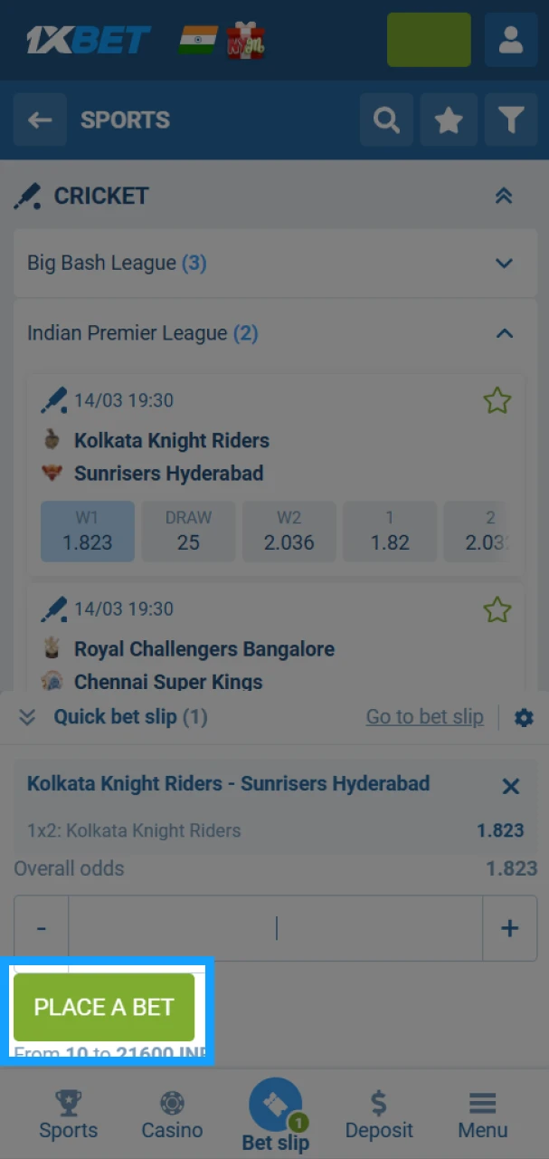 Place your bet on cricket on the 1xbet app.