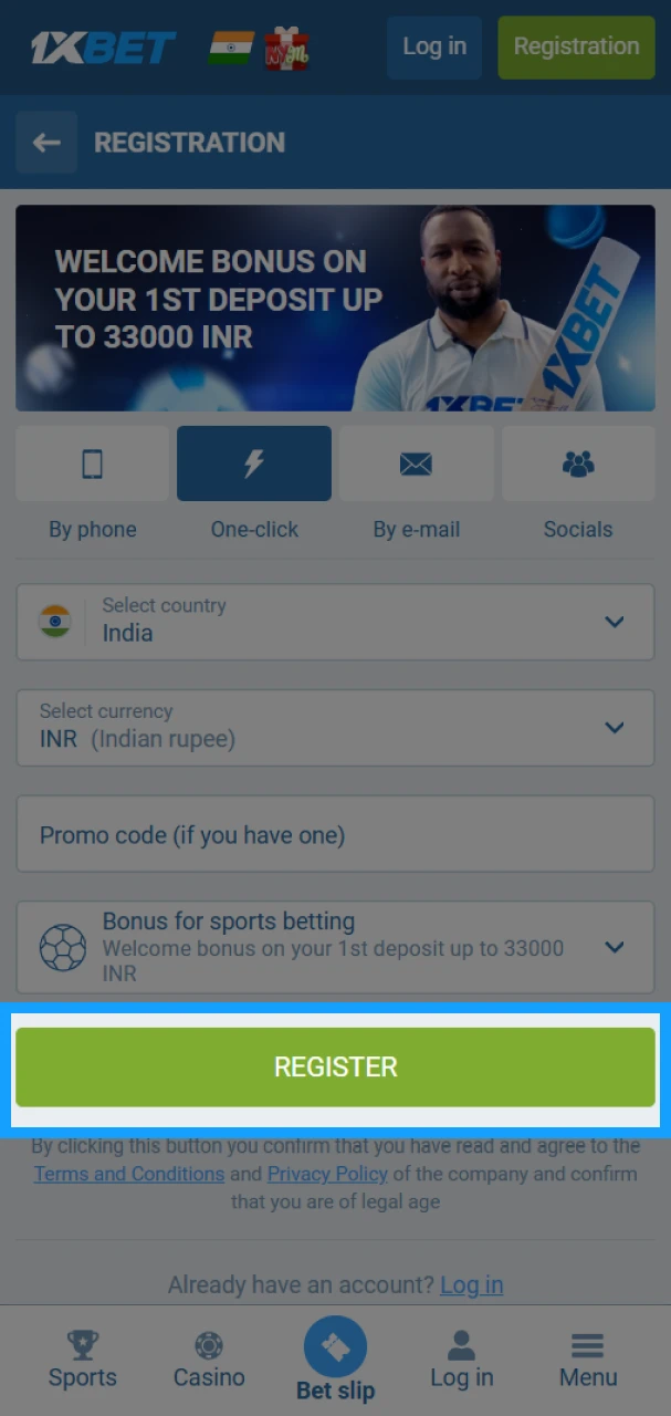 Enter the required information and register on 1xbet.